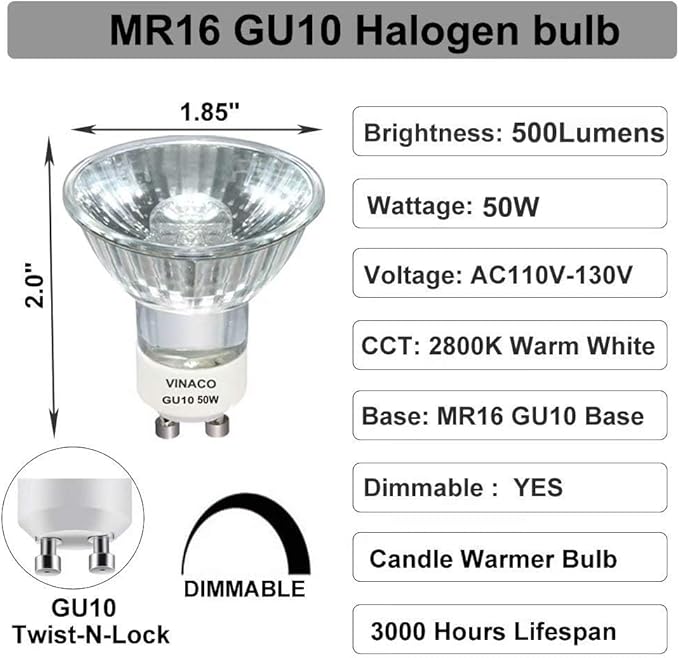 Vinaco GU10 Halogen 50W Bulbs, 6PCS GU10+C 120V 50W Halogen Light Bulbs, GU 10 Dimmable, Warm White, High Brightness MR16 with Glass Cover, Long Lifespan GU 10 50 W for Recessed Track Lighting