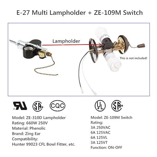 Ceiling Fan Light E-27 Multi Lampholder Socket Ceiling Fan Switch ZE-310D Socket with ZE-109M Pull Chain Switch (Nickel)