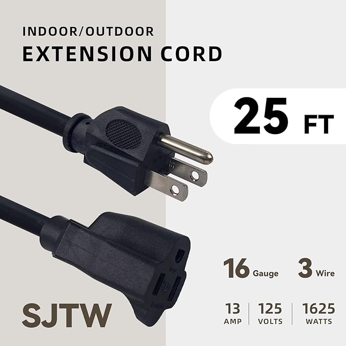 25ft Outdoor Extension Cord for Christmas Decorations - 16/3 Heavy Duty SJTW Waterproof Black Electrical Cable with 3 Prong Grounded Plug for Safety, Great for Lawn and Major Appliances