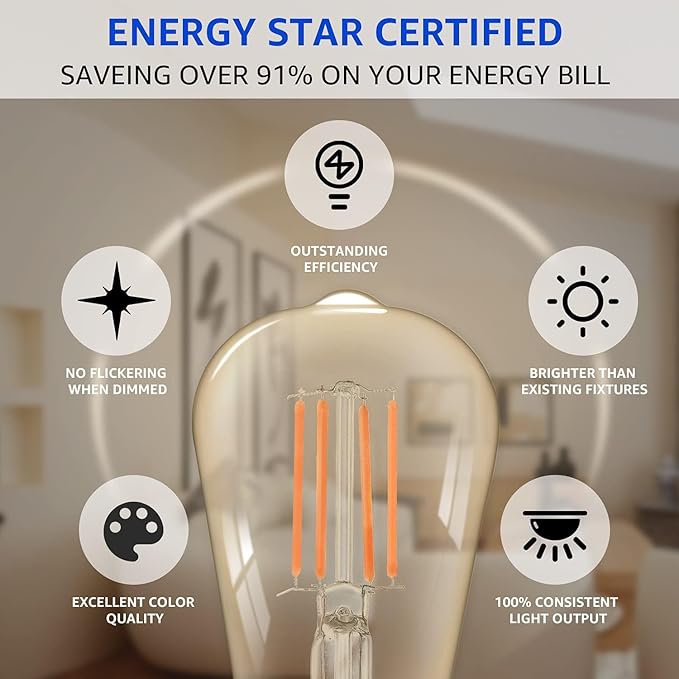 MASTERY MART 60 Pack Dimmable Vintage E26 LED Light Bulb, 2200K Warm White 5.5W (60 Watt Equivalent), Glass ST21 Antique Edison Style, 500LM, Decorative Filament Bulb, UL and Energy Star