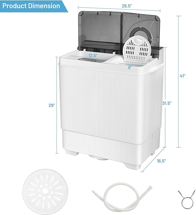 Giantex Washing Machine Semi-automatic, Twin Tub Washer with Spin Dryer, 26lbs Capacity, Built-in Drain Pump, Portable Laundry Washer, Compact Washing Machine for Apartment, Dorm and RV (White+Gray)