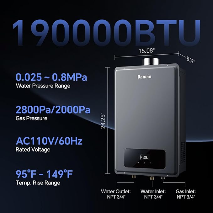 Ranein Propane Gas Tankless Water Heater, Indoor Max 7.4 GPM, 190,000 BTU Instant Hot Water Heater
