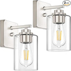 Set of 2 Wall Sconces for Bathroom, Brushed Nickel Vanity Light Fixtures, Modern Wall Mount Lighting Lanterns, Farmhouse Wall Lamps with Clear Glass Shade for Bedroom Living Room Mirror Hallway Porch
