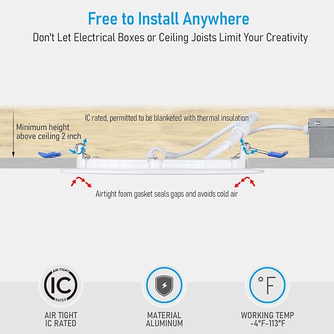 TORCHSTAR 6 Inch Slim LED Recessed Lighting with Junction Box, CRI90 Aluminum Dimmable 12W Ultra-Thin Recessed Light, 4000K Cool White, 1100LM Basic Series LED Downlight, ETL & ES & FCC, Pack of 6