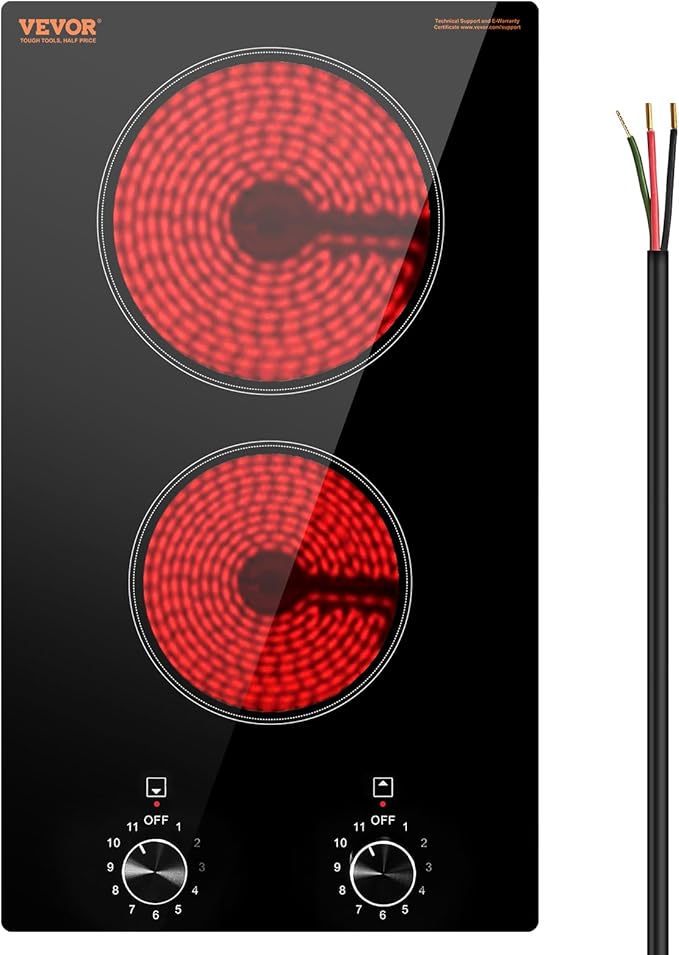 VEVOR Electric Ceramic Cooktop, Built-in Electric Stove Top, with Glass Panel, Knob Control, 11 Heat Levels, for Diverse Cooking Requirements (12inch-2burners/220V)