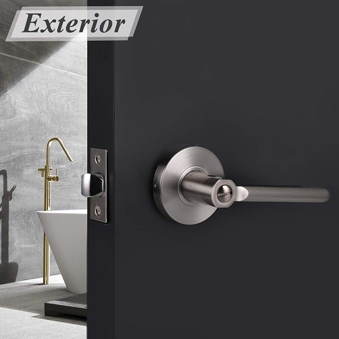 Probrico Satin Nickel Privacy Door Levers, Flat Interior Bath/Bed Door Handles, Reversible for Right & Left Handed Bedroom/Bathroom Doors, 5 Pack