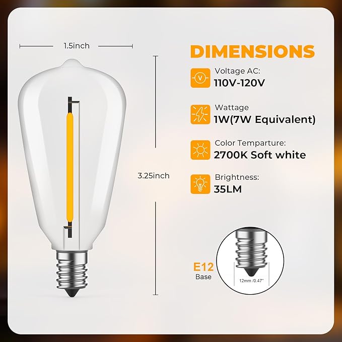 36 Pack LED ST38 Replacement Bulbs, 1 Watt E12 LED Bulb 2700K Warm White, Vintage Dimmable Shatterproof Bulbs for Indoor Outdoor Patio Garden String Lights, Dimmable