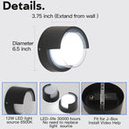 Modern Outdoor Wall Sconces - 2 Pack Minimalist Style Waterproof Wall Mount Lights - 6500K Black Cold Lights - Circular Aluminum