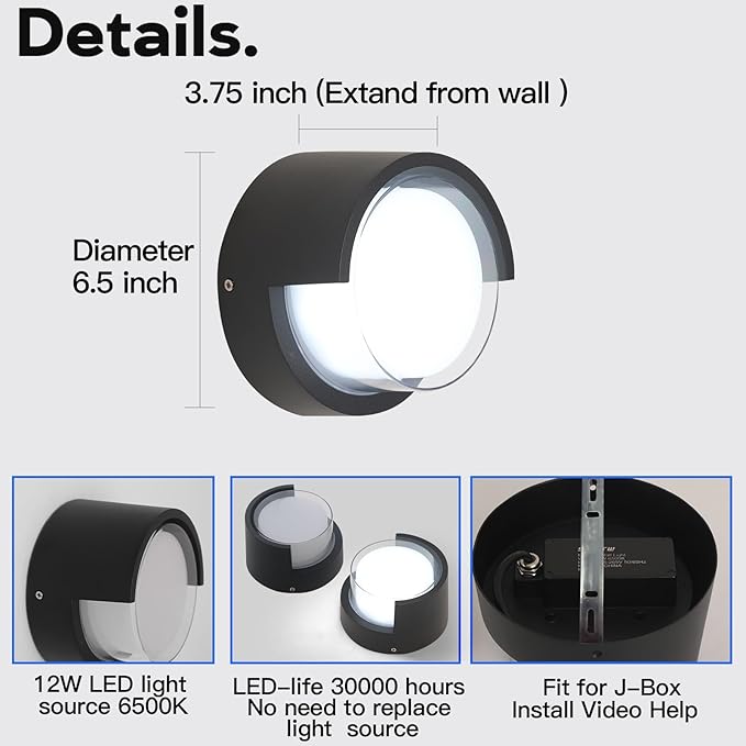 Modern Outdoor Wall Light - Waterproof Round Wall Mount Lamp for Garden/Patio - 6500K Cold Light