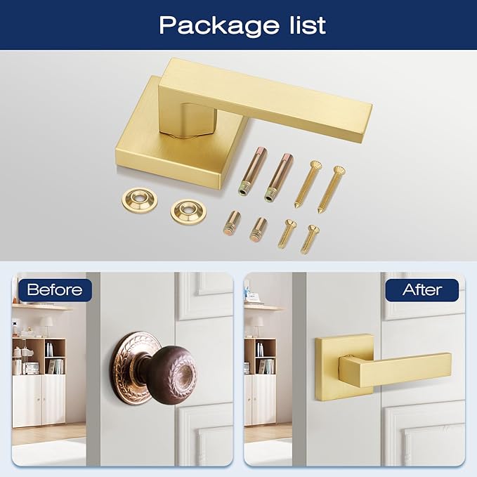 EHOMEWARE 2 Pack Gold Dummy Door Handles, Interior Door Lever Single Sided Rear Mount, Heavy Duty Satin Brass French Closet Door Knobs