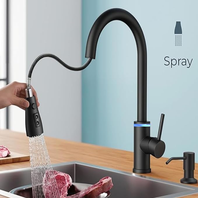 Smart Kitchen Faucet, 3 Modes Pull Down Sprayer, Touch On Sensor Activated, LED Temperature Control, 360-Degree Rotation, 1 or 3 Hole Deck Plate. 10-Year Warranty. (KW-70R, Matt Black)