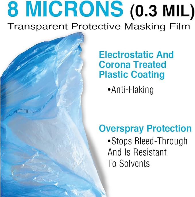 MAXIFILM 20ft x 250ft Roll of Blue Overspray Paintable Masking Plastic Sheeting -8 Micron, 0.3 Mil, Protective Masking Film Cover, Auto Painting, Cover Cloth Home Walls Furniture (4, 20ft x 250ft)