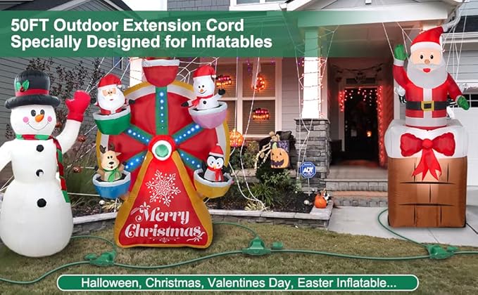 50FT Long Green Extension Cord 3 Outlets for Christmas Inflatables Blow Ups Yard Outdoor Outside Decorations Extension Cords with Multiple Outlets Plugs Cover Splitter Waterproof for Christmas Lights