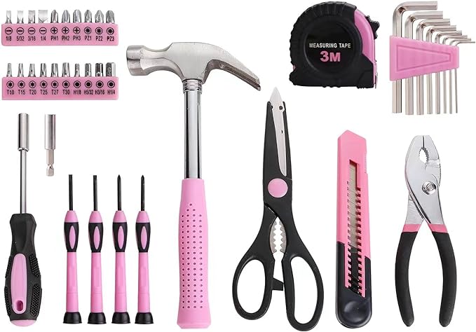 39 Piece All Purpose Basic Household Pink Tool Kit for Women - Small Tool Set with Toolbox Great for Home, Garage, Office and College Dormitory Use