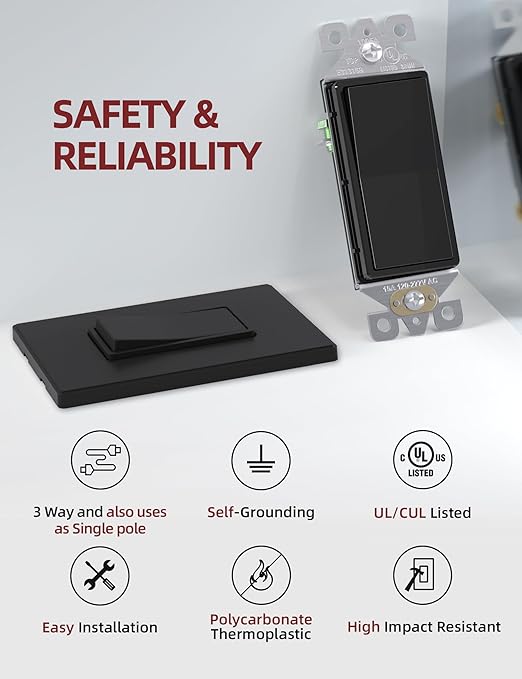 Aida Matte Black Double Light Switch, Black 3 Way Light Switch Decorative Square, 15Amp, 120/277 Volt, Rocker Paddle, Self-Grounding, Screwless Wall Plate, UL Listed (20 Pack)