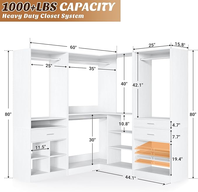 Unikito 86” Corner Closet System, Modular Closets Organizer with 4 Hanging Rods and Storage Shelves, Freestanding Adjustable Wood Clothes Garment Rack with Drawers, Sturdy Walk in Closet Tower, White