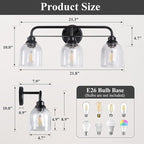 3 Light Matte Black Vanity Lights for Bathroom, Bathroom Light Fixtures Over Mirror with Clear Glass Shade, Ceramic E26 Sockets Wall Mounted