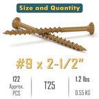 WELLOCKS Deck Screws, Wood Screws, Tan, Superior Rust Resistant, Epoxy Coated, Above 1000 Hour Salt Spray Coating T25 Torx Star Bit Included for Outdoor Wood Fence (1.2LBS Tan, #9×2-1/2")