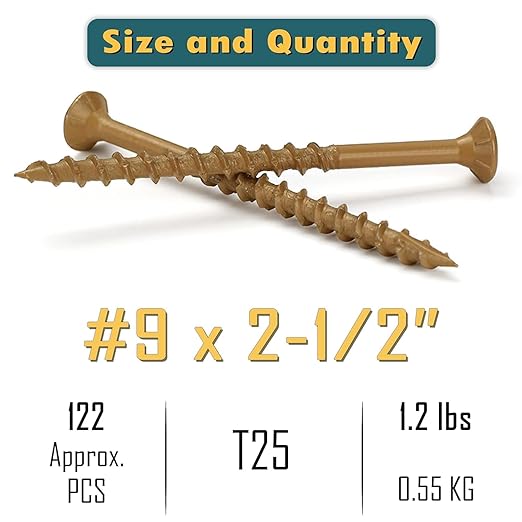 WELLOCKS Deck Screws, Wood Screws, Tan, Superior Rust Resistant, Epoxy Coated, Above 1000 Hour Salt Spray Coating T25 Torx Star Bit Included for Outdoor Wood Fence (5.2LBS Tan, #9×2-1/2")