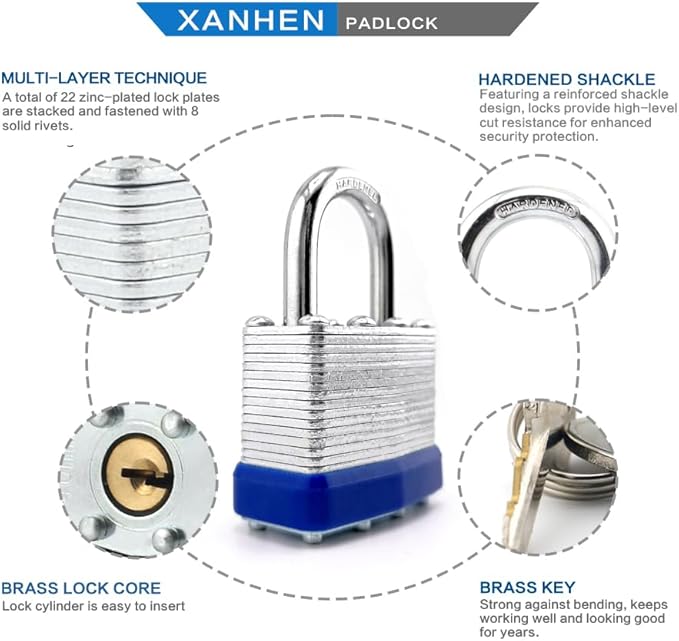 Keyed Alike Laminated Steel Keyed Padlocks with Normal Shackle, 6 Pack, for Hasp Latch, Sheds, Fences, Storage Locker, School, Gym