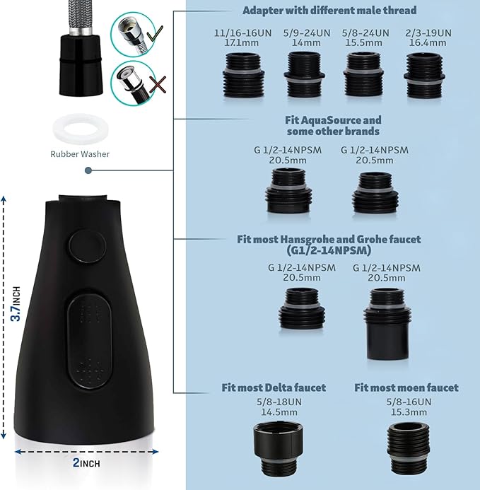 Kitchen Faucet Head Replacement - Pull Down Sprayer for Moen, Delta 3-Function Sink Faucet Head with 9 Nozzles - Kitchen Sink Sprayer Head Replacement Matte Black.