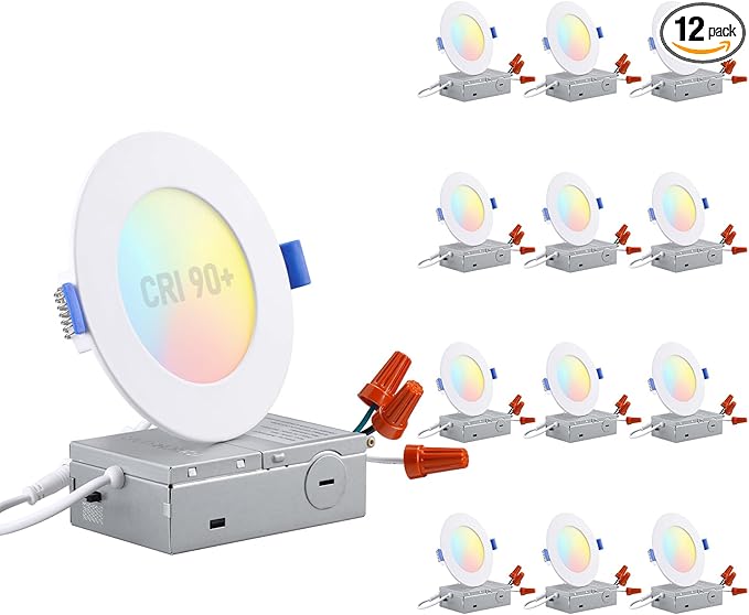 TORCHSTAR Basic Series 12-Pack 5CCT 4 Inch Ultra-Thin LED Recessed Lighting with J Box, CRI90, Aluminum, 2700K3000K3500K4000K5000K, 5%-100% Dimmable Slim Recessed Downlight, 9W 810LM, ETL & ES