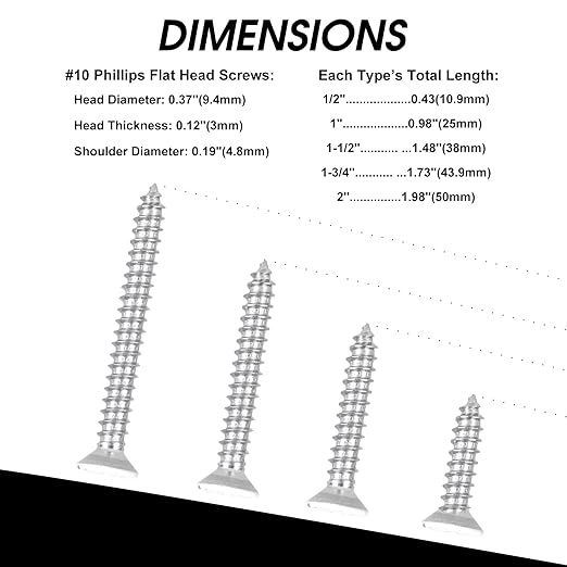 100 PCS #10X2 Stainless Steel Phillips Flat Head Wood Screws,Stainless Steel 18-8 A2(304) Screw,Home Screw Kit by QISHENG