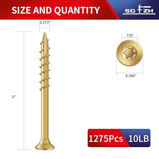 #8 x 2 Inch Deck Screws (1275Pcs) 10lb. Exterior Wood Screws. Carbon Steel, Tan, Flat Head, Rust Resistant epoxy Coated, with T25 Star Bit