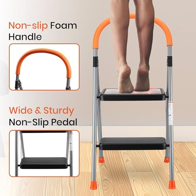 2 Step Ladder Folding Step Stool, 330lbs Heavy-Duty Steel Ladder with Anti-Slip Wide Pedals & Comfort Handgrip, Lightweight & Portable for Home, Kitchen, Garage