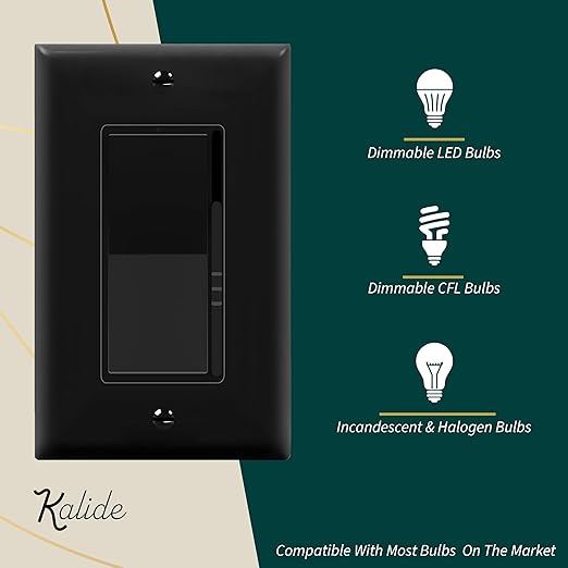 TOPGREENER Kalide Dimmer Light Switch, LED Dimmer Switch, Full Range Dimming, Single Pole/3-Way, 120VAC, 60Hz, 300W LED/CFL, Neutral Wire Not Required, Wall Plate Included, Black