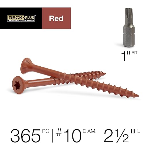 Deck Plus 2-1/2 Inch Epoxy Coated Exterior Wood and Fence Screws #10 x 2-1/2" Torx/Star Drive Included Coarse Thread, Outdoor Rust Resistant Decking Screw, Red, 5lb Box, 365 Pieces | 48430