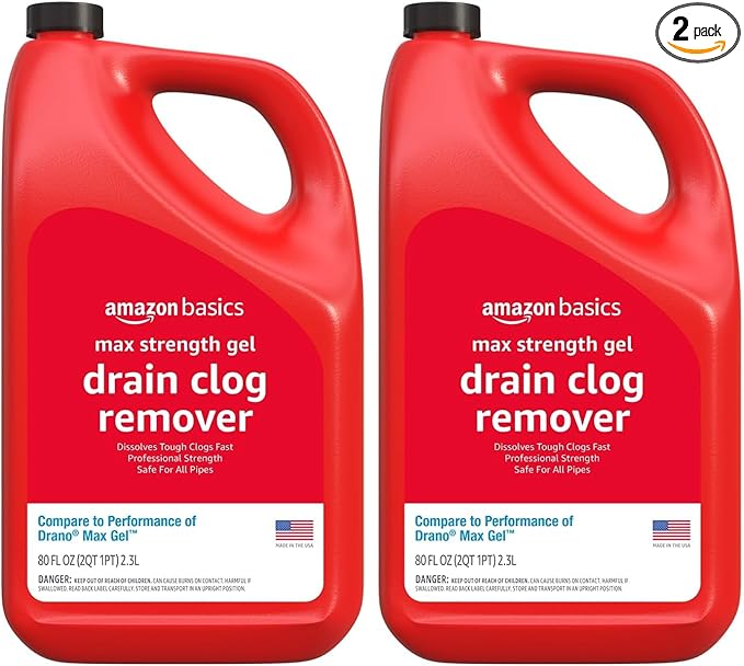 Amazon Basics Max Strength Gel Drain Clog Remover and Cleaner, 80 Fl Oz, Pack of 2