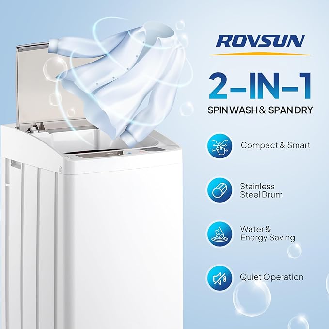 ROVSUN 17.8LBS Portable Washing Machine, Full-Automatic Electric Laundry Machine with Stainless Steel Drum, Compact Washer and Spin Dryer Combo with Drain Pump for Apartment, Dorm, Home, Light Grey