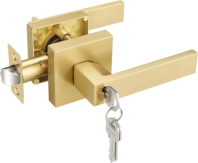 EHOMEWARE 1 Pack Door Lever Lock Gold Front/Exterior Door Handle Set Keyed Alike/Combo Keys, Heavy Duty Left/Right Handing Exterior Door Handle, Entry Door Handle Set