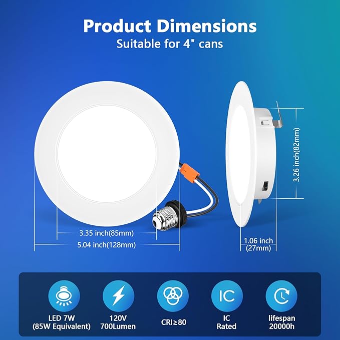 LVWIT 4 Inch LED Recessed Light, Recessed Can Lights Color Selectable 2700/3000/4000/5000/6000K 5CCT, 7W 700LM, Dimmable LED Can Lights with E26 Conversion Kit,Suitable for 4inch Can,6 Pack