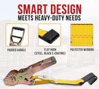 Mytee Products 8 Pack 4" x30' Self-Tensioning Ratchet Tie Down Straps with Flat Hooks - 5,400 Lbs WLL - Heavy Duty Tie Down Ratchet Straps for Flatbed, Truck, Trailers, Cargo, Pickup - Yellow