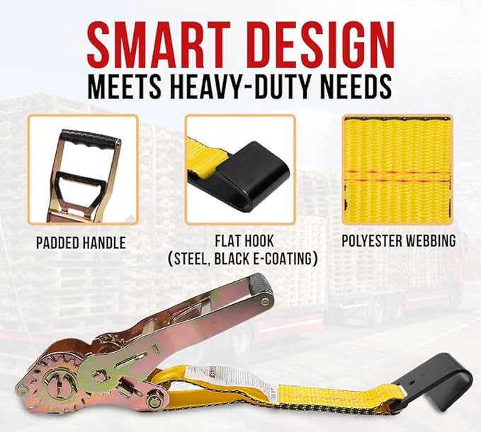 Mytee Products 2 Pack 4" x30' Self-Tensioning Ratchet Tie Down Straps with Flat Hooks - 5,400 Lbs WLL - Heavy Duty Tie Down Ratchet Straps for Flatbed, Truck, Trailers, Cargo, Pickup - Yellow