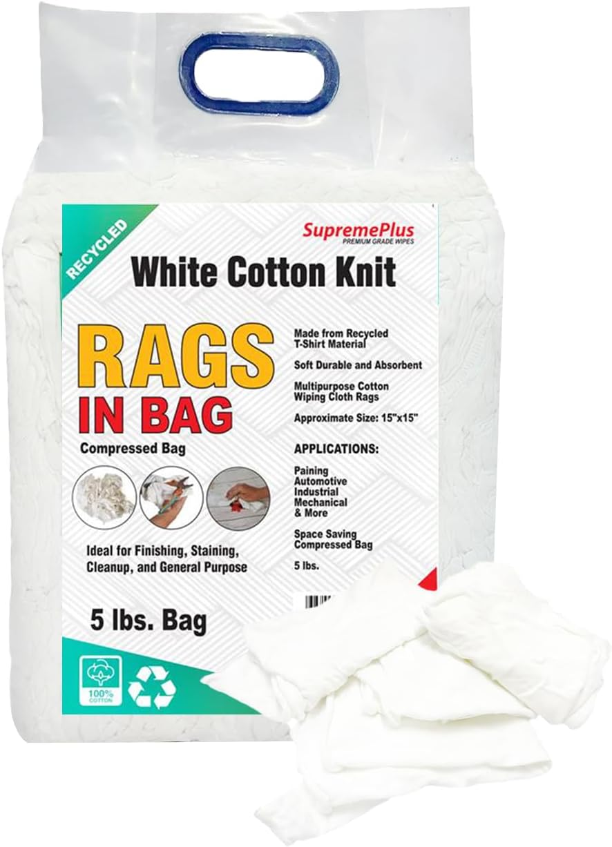 Recycled White T-Shirt Cleaning Rags (5 lbs. Bag) – Shop Rags Bulk for Oil, Stain, Grease, Paint, and Auto Cleaning, Multipurpose