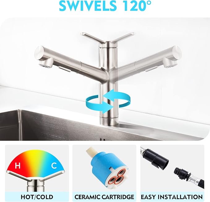 CREA Kitchen faucets, Bar Sink Faucet, Kitchen Sink Faucet Pull Out Brushed Nickel Single Handle Prep Wet Commercial Modern rv Low Arc Faucet