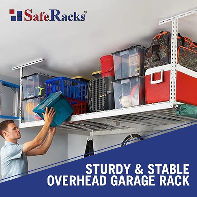 SafeRacks Overhead Garage Storage Rack, Heavy Duty Racks for Garage w/ 600 lb Capacity, Easy Garage Storage Adjustable Storage Rack Ceiling Mount Storage for Garage 4x8 White, 12"-21" (2 Pack)