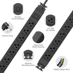 JUNNUJ Heavy Duty Power Strip Wall Mount, 20 Amp Surge Protector 1200J Metal 8 Outlet Under Desk Mounted 20A, Garage Power Table Socket Industrial Outlets 6-20R T-Slot, Black-6FT 12AWG Extension Cord