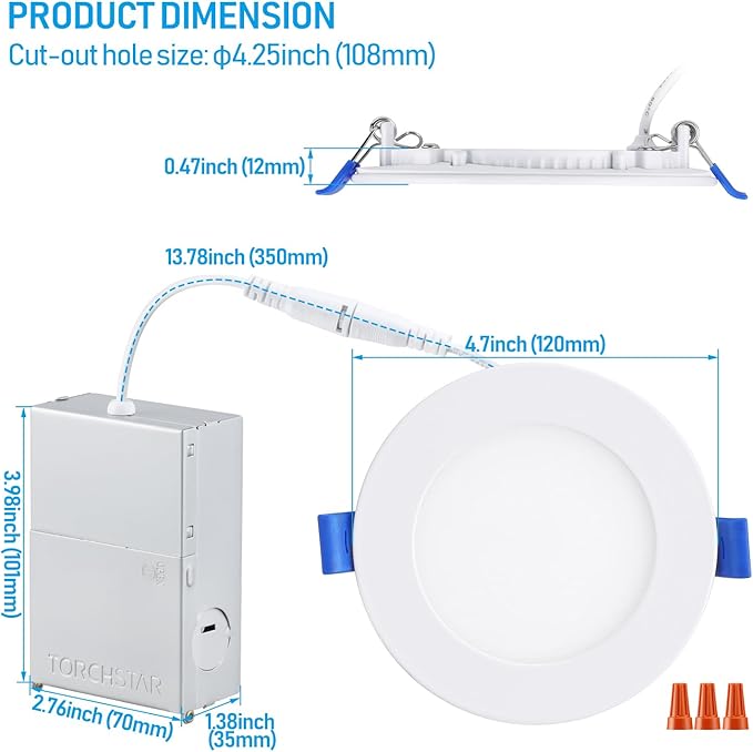 TORCHSTAR 4 Inch Slim Recessed Lighting with Junction Box, Dimmable 10W Ultra-Thin Recessed Light, 5000K Daylight, 700LM Basic Series LED Downlight, ETL & Energy Star, Pack of 6