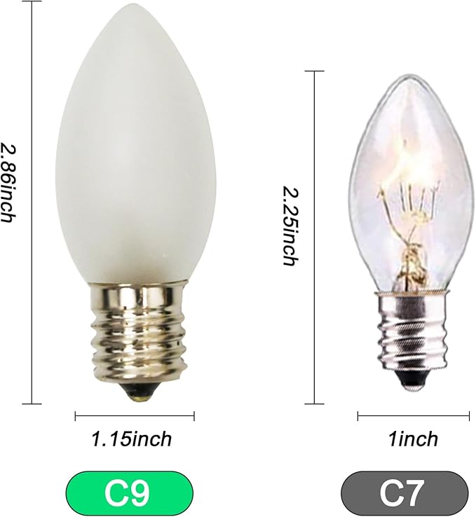 25 Pack C9 Frosted White Christmas Light Bulbs,C9 Incandescent Glass Bulbs for Outdoor Indoor String Light,C9/E17 Candelabra Base 7 Watt Great for Night Light and Christmas Decorations