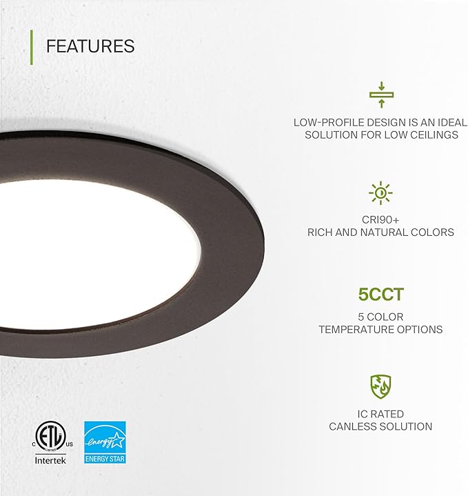 ASD 6 Pack LED Recessed Lighting 4 Inch 9W, 5 CCT 2700K-5000K CRI90+, IC Rated Ultra Thin Dimmable Ceiling Lights with J Box, Canless Wafer Downlight, Round Slim Panel Light, Energy Star ETL, Bronze