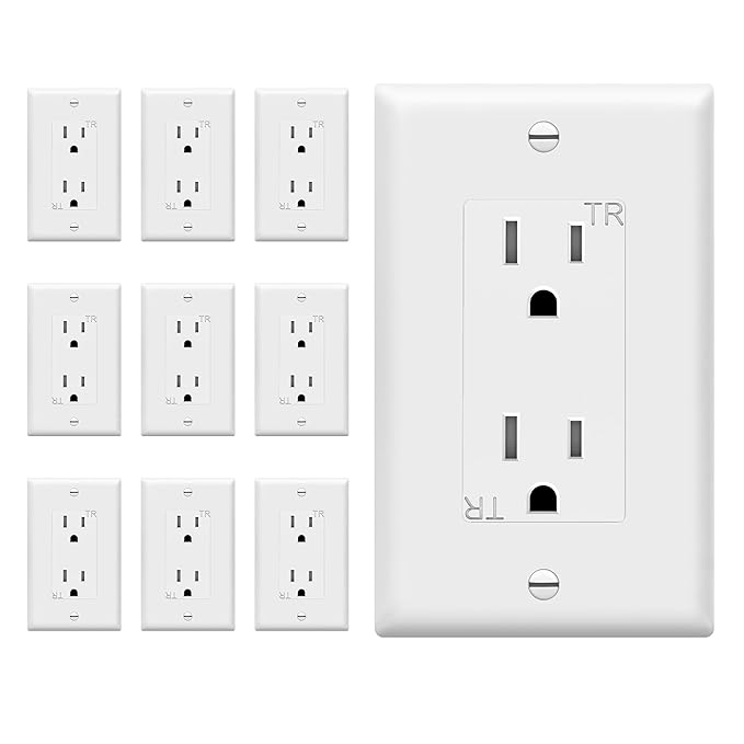 ENERLITES Decorator Receptacle, Wall Outlet with Wall Plate, Tamper-Resistant, Gloss Finish, Residential Grade, 3-Wire, Self-Grounding, 2-Pole, 15A 125V, UL Listed, 61501-TR-WWP, White (10 Pack)