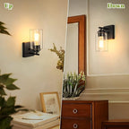 Set of 2 Wall Sconces for Bathroom, Modern Vanity Light Fixtures, Matte Black Wall Mount Lighting Lanterns, Farmhouse Wall Lights with Clear Glass Shade for Bedroom Living Room Mirror Hallway Kitchen