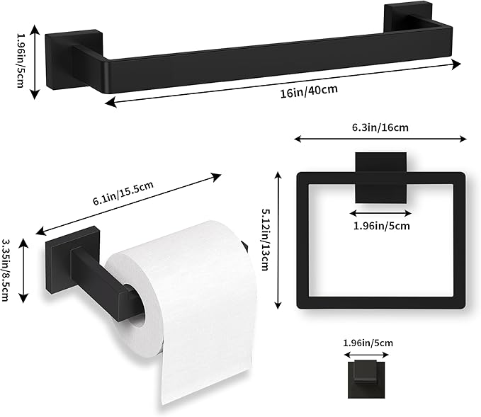 Bathroom Accessory Towel Bar Set: 5 Pieces Matte Black Bathroom Hardware Square SUS304 Stainless Steel - Wall Mounted Towel Rack&Toilet Paper Holder&Towel Ring and Robe Hooks.