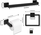 Bathroom Accessory Towel Bar Set: 5 Pieces Matte Black Bathroom Hardware Square SUS304 Stainless Steel - Wall Mounted Towel Rack&Toilet Paper Holder&Towel Ring and Robe Hooks.