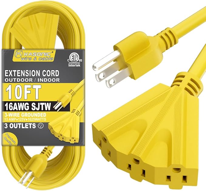 K KASONIC - 10 Ft Extension Cord with 3 Outlets, UL Listed 16/3 SJTW 3-Wire Grounded, 13A 125V 1625W for Indoor/Outdoor Use -Yellow