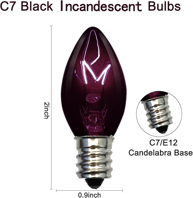 25 Pack C7 Halloween Black Replacement Bulbs, 5W Dark Purple Light Bulbs Perfect for Indoor/Outdoor Halloween, Christmas and Party String Lights C7/E12 Candelabra Base